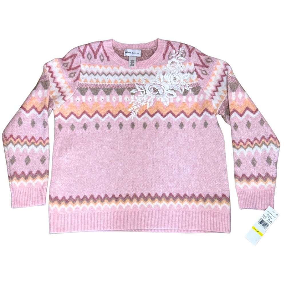 NWT Alfred Dunner Telluride Fairisle Sweater Floral Embroidery Medium